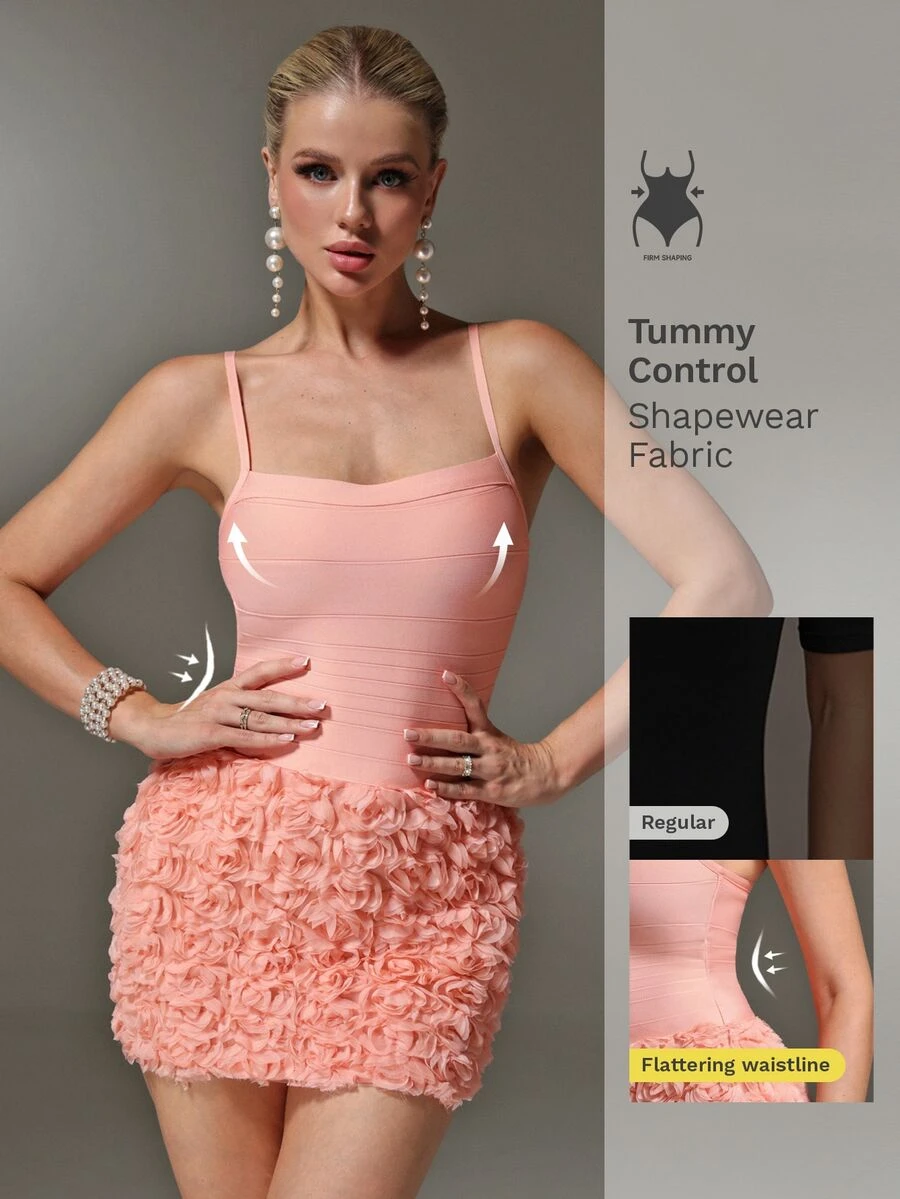 Nuvra Pink Ruched 3D Rose Cami Mini Dress - Pink - View 1