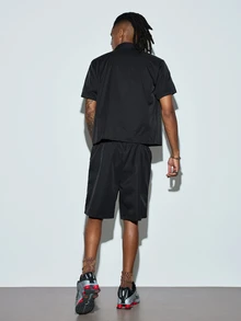 Men's Line Color Block Short Sleeve Shirt & Shorts 2-Piece Set, Casual Fashion Minimalist Versatile Streetwear Outfit - Black - View 2