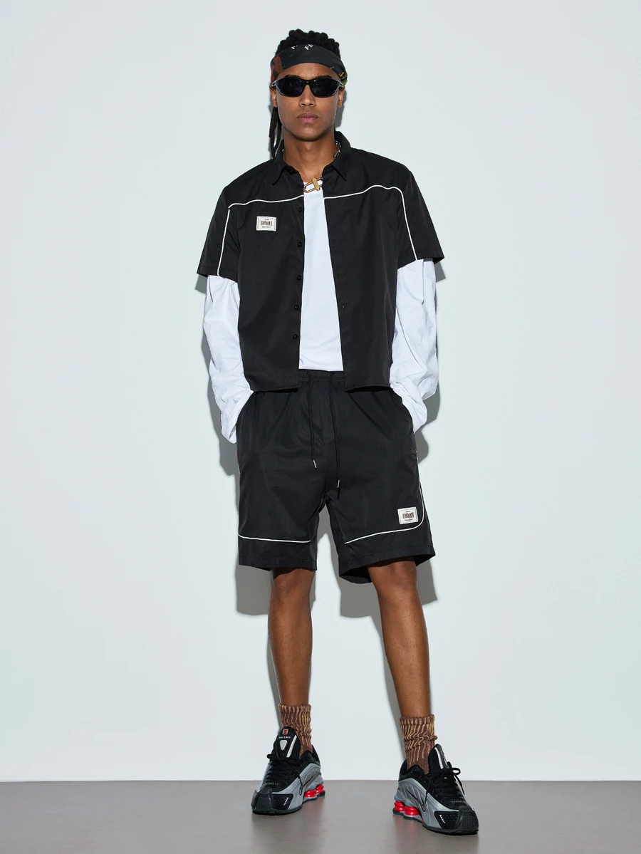 Men's Line Color Block Short Sleeve Shirt & Shorts 2-Piece Set, Casual Fashion Minimalist Versatile Streetwear Outfit - Black - View 1
