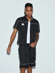 Men's Line Color Block Short Sleeve Shirt & Shorts 2-Piece Set, Casual Fashion Minimalist Versatile Streetwear Outfit - Black - View 4