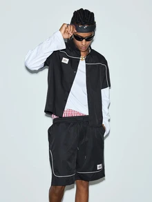 Men's Line Color Block Short Sleeve Shirt & Shorts 2-Piece Set, Casual Fashion Minimalist Versatile Streetwear Outfit - Black - View 6