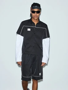 Men's Line Color Block Short Sleeve Shirt & Shorts 2-Piece Set, Casual Fashion Minimalist Versatile Streetwear Outfit - Black - View 5