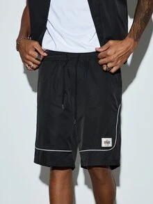 Men's Line Color Block Short Sleeve Shirt & Shorts 2-Piece Set, Casual Fashion Minimalist Versatile Streetwear Outfit - Black - View 8