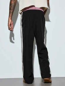 Modcrash Men's Loose Street Style Casual Pants With White Side Stripes And Long Drawstring Waist, Suitable For Daily Wear, Summer Lightweight Long Pants - Black - View 2