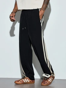 Modcrash Men's Loose Street Style Casual Pants With White Side Stripes And Long Drawstring Waist, Suitable For Daily Wear, Summer Lightweight Long Pants - Black - View 6