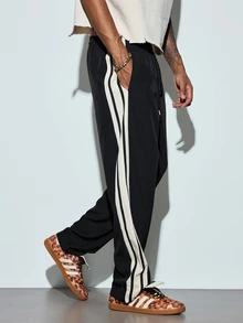 Modcrash Men's Loose Street Style Casual Pants With White Side Stripes And Long Drawstring Waist, Suitable For Daily Wear, Summer Lightweight Long Pants - Black - View 4