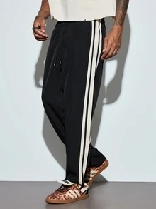 Modcrash Men's Loose Street Style Casual Pants With White Side Stripes And Long Drawstring Waist, Suitable For Daily Wear, Summer Lightweight Long Pants - Black - View 1