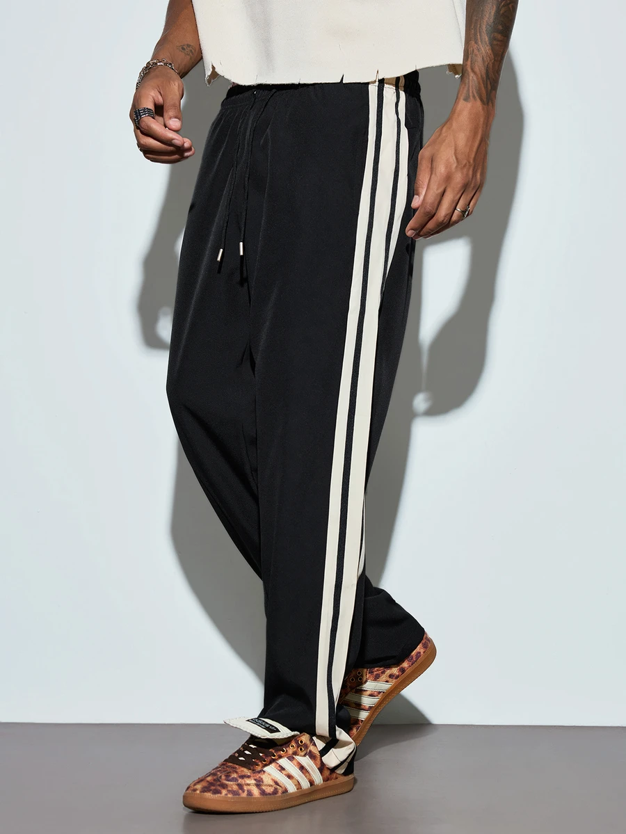Modcrash Men's Loose Street Style Casual Pants With White Side Stripes And Long Drawstring Waist, Suitable For Daily Wear, Summer Lightweight Long Pants - Black - View 1