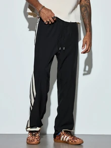 Modcrash Men's Loose Street Style Casual Pants With White Side Stripes And Long Drawstring Waist, Suitable For Daily Wear, Summer Lightweight Long Pants - Black - View 5