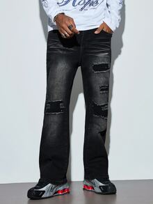 Modcrash Men's Flared Jeans, Men's Bell Bottom Jeans, Men's Skinny Jeans, Men's Slim Fit Pants, Distressed Bell Bottom Jeans, Patchwork Flared Pants, Washed Denim Y2K Stacked Pants, Contrast Wash Patchwork Embroidery All-Season Wear Fall/Autumn/Winter - Black - View 4