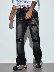 Modcrash Men's Flared Jeans, Men's Bell Bottom Jeans, Men's Skinny Jeans, Men's Slim Fit Pants, Distressed Bell Bottom Jeans, Patchwork Flared Pants, Washed Denim Y2K Stacked Pants, Contrast Wash Patchwork Embroidery All-Season Wear Fall/Autumn/Winter - Black - View 1