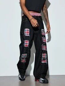 Modcrash Celana Jeans Infinite 1 buah untuk Pria, Gaya Jalanan Amerika, Patchwork, Bordir, Sobek, Berhiaskan Manik-manik, Potongan Lebar, Longgar, Nyaman, Kasual, Serbaguna, Cocok untuk Semua Musim (Produk Tidak Termasuk Sabuk dan Aksesoris) Musim Gugur/Musim Dingin - Hitam - View 1