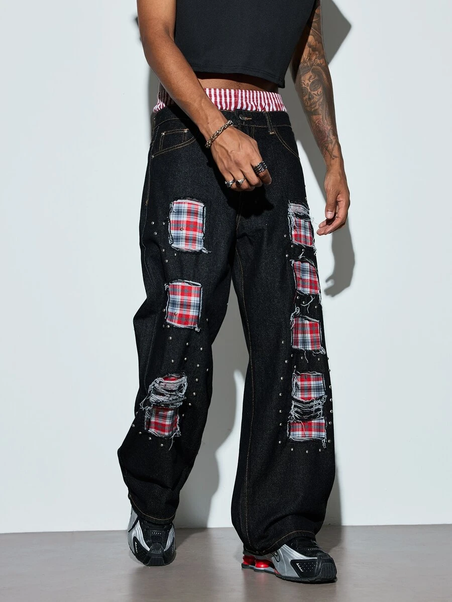 Modcrash Celana Jeans Infinite 1 buah untuk Pria, Gaya Jalanan Amerika, Patchwork, Bordir, Sobek, Berhiaskan Manik-manik, Potongan Lebar, Longgar, Nyaman, Kasual, Serbaguna, Cocok untuk Semua Musim (Produk Tidak Termasuk Sabuk dan Aksesoris) Musim Gugur/Musim Dingin - Hitam - View 1