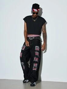 Modcrash Celana Jeans Infinite 1 buah untuk Pria, Gaya Jalanan Amerika, Patchwork, Bordir, Sobek, Berhiaskan Manik-manik, Potongan Lebar, Longgar, Nyaman, Kasual, Serbaguna, Cocok untuk Semua Musim (Produk Tidak Termasuk Sabuk dan Aksesoris) Musim Gugur/Musim Dingin - Hitam - View 3