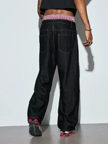 Modcrash Celana Jeans Infinite 1 buah untuk Pria, Gaya Jalanan Amerika, Patchwork, Bordir, Sobek, Berhiaskan Manik-manik, Potongan Lebar, Longgar, Nyaman, Kasual, Serbaguna, Cocok untuk Semua Musim (Produk Tidak Termasuk Sabuk dan Aksesoris) Musim Gugur/Musim Dingin - Hitam - View 2