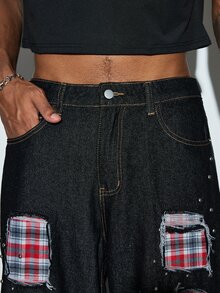 Modcrash Celana Jeans Infinite 1 buah untuk Pria, Gaya Jalanan Amerika, Patchwork, Bordir, Sobek, Berhiaskan Manik-manik, Potongan Lebar, Longgar, Nyaman, Kasual, Serbaguna, Cocok untuk Semua Musim (Produk Tidak Termasuk Sabuk dan Aksesoris) Musim Gugur/Musim Dingin - Hitam - View 7