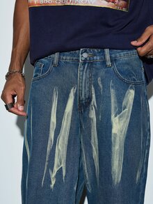 Modcrash 1pc Justice Brother Casual Vintage Handpainted Loose Fit Wide Leg Jeans For Men (Belt And Accessories Not Included) Fall/Autumn/Winter - Blue - View 7