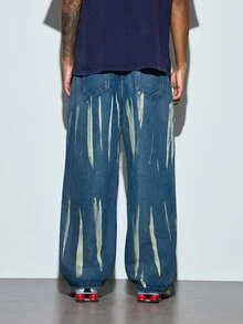 Modcrash 1pc Justice Brother Casual Vintage Handpainted Loose Fit Wide Leg Jeans For Men (Belt And Accessories Not Included) Fall/Autumn/Winter - Blue - View 2