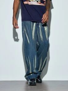 Modcrash 1pc Justice Brother Casual Vintage Handpainted Loose Fit Wide Leg Jeans For Men (Belt And Accessories Not Included) Fall/Autumn/Winter - Blue - View 1