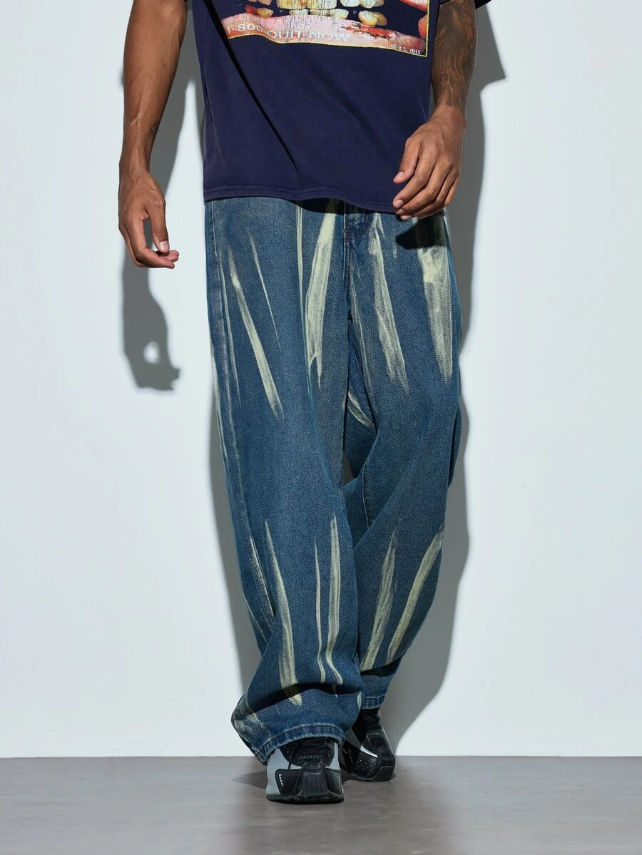Modcrash 1pc Justice Brother Casual Vintage Handpainted Loose Fit Wide Leg Jeans For Men (Belt And Accessories Not Included) Fall/Autumn/Winter - Blue - View 1