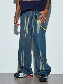 Modcrash 1pc Justice Brother Casual Vintage Handpainted Loose Fit Wide Leg Jeans For Men (Belt And Accessories Not Included) Fall/Autumn/Winter - Blue - View 6