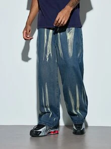 Modcrash 1pc Justice Brother Casual Vintage Handpainted Loose Fit Wide Leg Jeans For Men (Belt And Accessories Not Included) Fall/Autumn/Winter - Blue - View 5