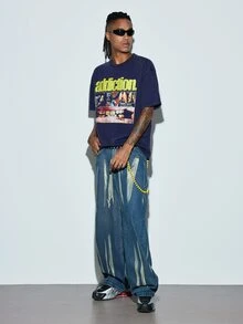 Modcrash 1pc Justice Brother Casual Vintage Handpainted Loose Fit Wide Leg Jeans For Men (Belt And Accessories Not Included) Fall/Autumn/Winter - Blue - View 3