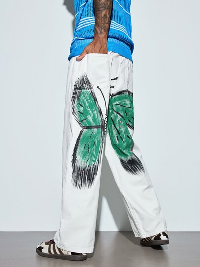 Modcrash Infinite Jeans 1pc American Streetwear Brand Men's Hand-Painted Loose Wide-Leg Jeans, Comfortable High Street All-Season Versatile Denim Pants (Product Does Not Include Belt And Accessories) Fall/Autumn/Winter