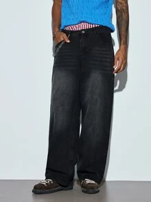 Modcrash Justice Brother 1pc Japanese And Korean Style Men's Loose Washed Denim Casual Brand Loose Wide Leg Jeans Long Pants (Belt/Accessories Not Included) Fall/Autumn/Winter - Pure Black - View 2