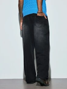 Modcrash Justice Brother 1pc Japanese And Korean Style Men's Loose Washed Denim Casual Brand Loose Wide Leg Jeans Long Pants (Belt/Accessories Not Included) Fall/Autumn/Winter - Pure Black - View 3