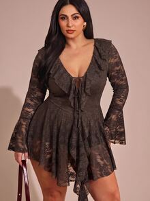 SHEIN BAE 大码女式黑色蕾丝荷叶边迷你连衣裙，春夏款 - 棕色 - 查看 1