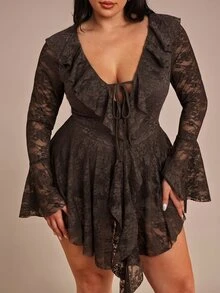 SHEIN BAE 大码女式黑色蕾丝荷叶边迷你连衣裙，春夏款 - 棕色 - 查看 6