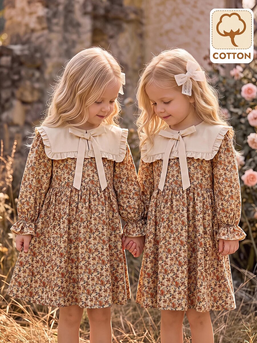 Young Girl Vacation Floral Bow Decor Long Sleeve Cute Dress - Brown - View 1