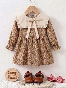 Young Girl Vacation Floral Bow Decor Long Sleeve Cute Dress - Brown - View 5