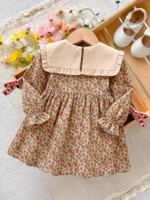 Young Girl Vacation Floral Bow Decor Long Sleeve Cute Dress - Brown - View 4