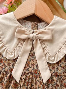 Young Girl Vacation Floral Bow Decor Long Sleeve Cute Dress - Brown - View 6