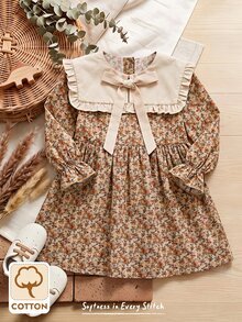 Young Girl Vacation Floral Bow Decor Long Sleeve Cute Dress - Brown - View 2