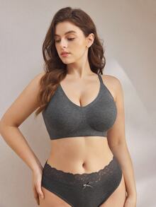 Ocili 1pc Plus Size Women Solid Color Ribbed Bra - Dark Grey - View 5