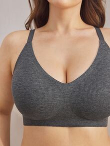 Ocili 1pc Plus Size Women Solid Color Ribbed Bra - Dark Grey - View 7