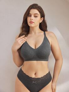 Ocili 1pc Plus Size Women Solid Color Ribbed Bra - Dark Grey - View 2