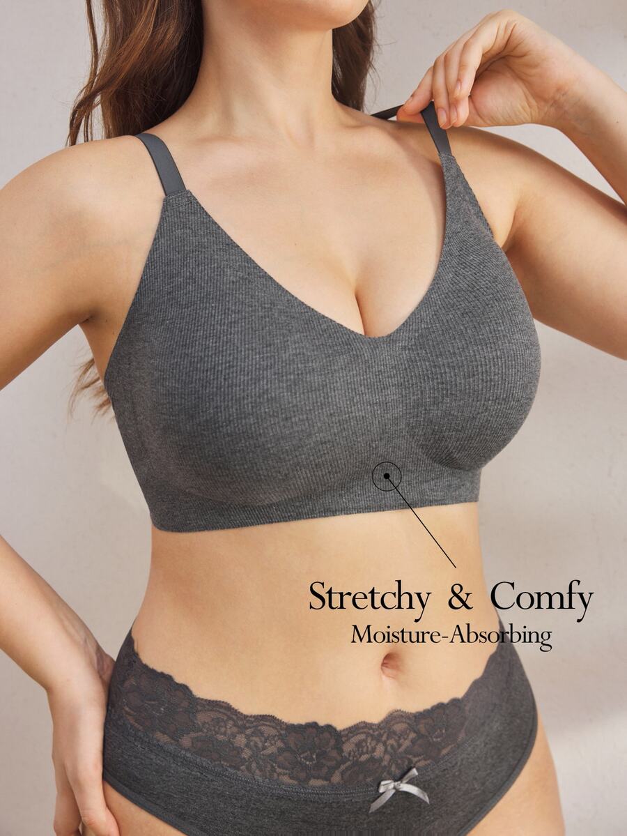 Ocili 1pc Plus Size Women Solid Color Ribbed Bra - Dark Grey - View 1