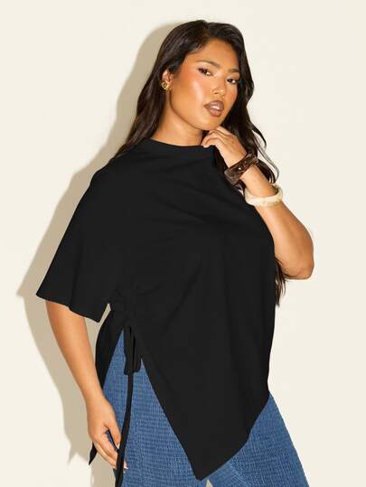 FASHION SZN Tricou casual pentru femei, mărimi mari, 100% bumbac, culoare uni, cu guler rotund, mânecă scurtă și șnur lateral, stil Y2K, esențial de garderob pentru sezonul nou, toamnă, iarnă, vară, pentru purtare zilnică, capsule minimalistă, vacanțe, aeroport, călătorii, Ibiza, sală de fitness, top basic negru