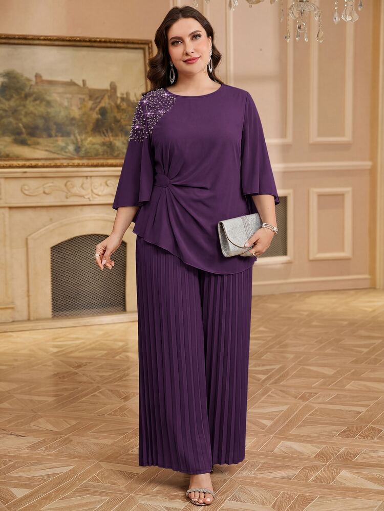 SHEIN Clasi طقم نسائي أنيق من قطعتين بمقاس كبير، بلوزة مزينة بخرز صناعي مع حافة غير متماثلة وبنطلون واسع الساق مطوي للخريف - أحمر بنفسجي - مشاهدة 6