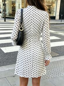 SHEIN PariChic Women's Polka Dot Pleated Fashion Casual Summer Dress - White - View 2