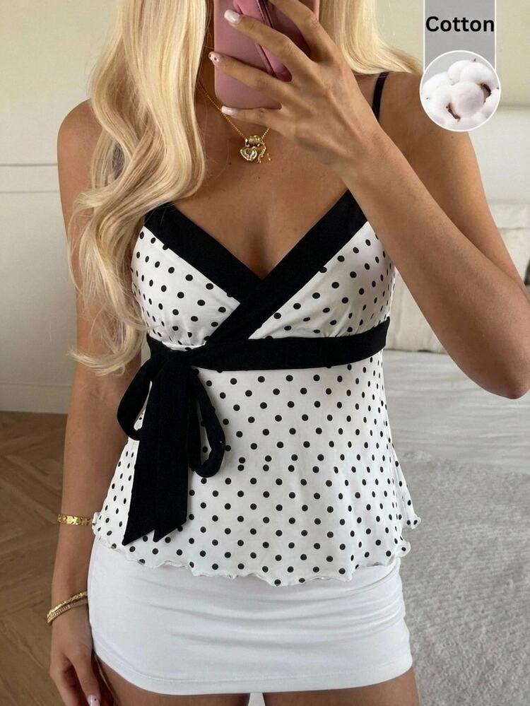CovetEZ 100 Cotton Women's Casual Elegant Spaghetti Strap Tank Top Summer Polka Dot Print Bow Knot Doll Style Contrast Color Design Spring Outing Top Vacation - Black - View 2