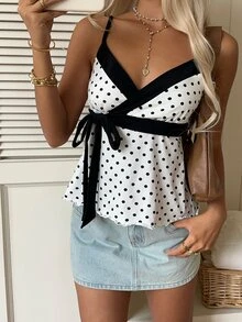 CovetEZ 100%純棉女款休閒優雅細肩帶背心，夏季女裝，波點印花，蝴蝶結，娃娃風，對比色設計，適合春夏，外出上衣，清新女孩風 - 黑色 - 查看 6