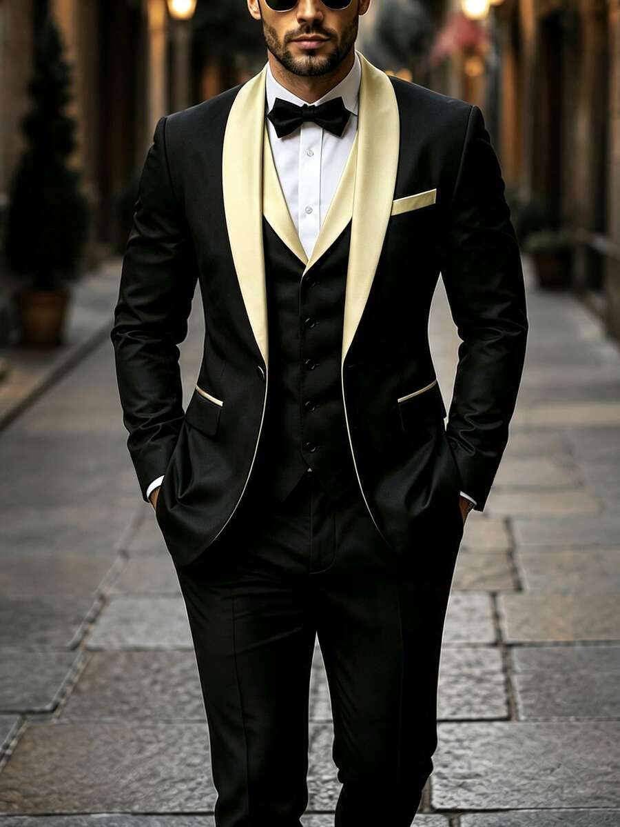 Manfinity Mode Men's British Business Style Button Long Sleeve Jacket And Pants Suit Set - Black - View 1