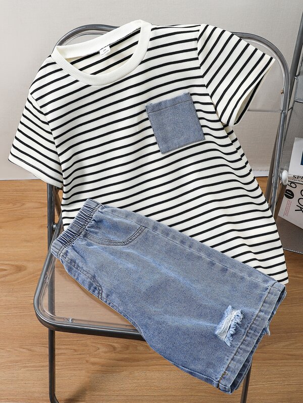 Kids Tween Boys 2pcs/Set Spring/Summer Casual Cute Striped Short Sleeve T-Shirt Knit Top And Denim Shorts Set, Suitable For Back To School Clothes Boy, School Clothes, Back To School Clothes
