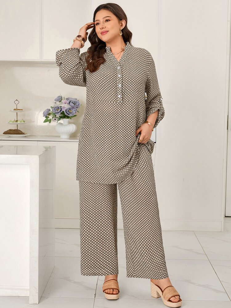 Rosumi Women's Plus Size Long Geometric Print Rolled Sleeve Shirt And Pants Set Fall Autumn Outfit Going Out Vacation Formal Club Brown Elegant Traditional - Multicolor - View 8