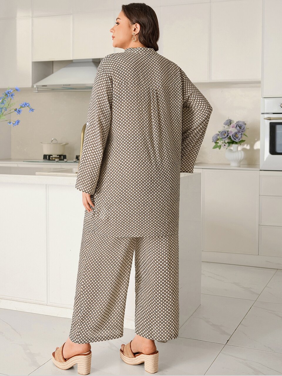 Women's Plus Size Long Geometric Print Rolled Sleeve Shirt And Pants Set Fall Autumn Outfit Going Out Vacation Formal Club Brown Elegant Traditional